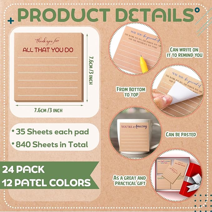 Yinder 24 Pcs Employee Appreciation Sticky Notes Xmas Gift Bulk Motivation Note Pads Mini Inspirational Note Gift for Teacher Nurse Staff Coworker Office Supply 3 x 3'' (Appreciation,Kraft Color)