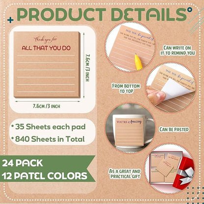 Yinder 24 Pcs Employee Appreciation Sticky Notes Xmas Gift Bulk Motivation Note Pads Mini Inspirational Note Gift for Teacher Nurse Staff Coworker Office Supply 3 x 3'' (Appreciation,Kraft Color)