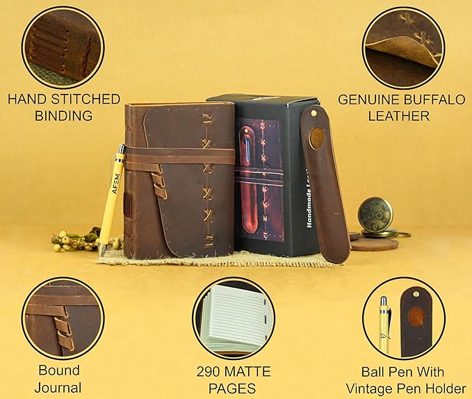 Leather Journal Notebook for Men & Women Daily Vintage Leather Bound Journal Travel Notebook 290 Lined Paper Diary Writing Journal Travelers Scrapbook Poetry Sketchbook Small Leather Gifts with Pen