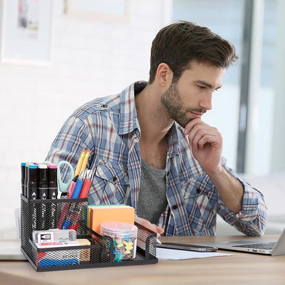 Ludato 4 Pieces 3 Compartments Mesh Pen Holder Desk Organizers Caddy and Accessories for Desk,Black Pencil Holder,Sticky Notes Holder for Home,Office and School