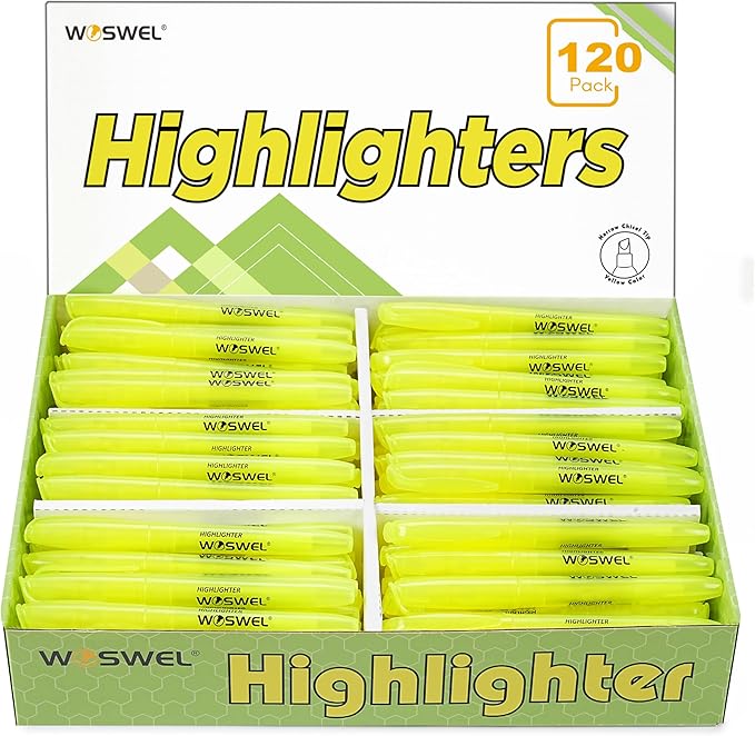 Highlighters Bulk, Woswel 120 Pack Fluorescent Yellow Highlighter Markers Set for Underlining, Color Transparent Visible Fluorescent Pen Shell, Wide Chisel Point Mark,Perfect for Classroom,Office,Home