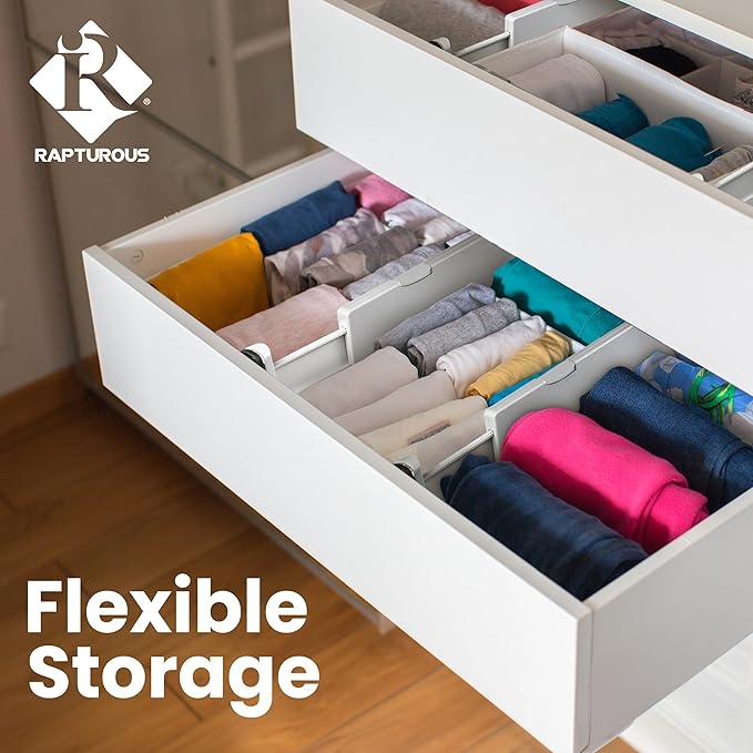 RAPTUROUS Adjustable Drawer Dividers, 8" Tall, Expandable 13.35-22", 6-Pack, Non-Slip for Deep Drawers in Kitchen, Bedroom, and Closet (White)