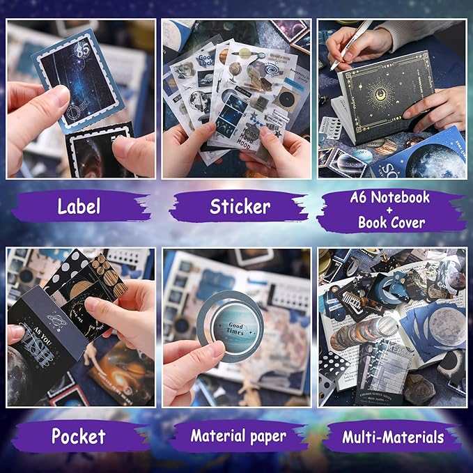 Draupnir Scrapbooking Supplies Kit, Aesthetic Cosmos Scrapbook Kit for Junk Journal, Stationery, Bullet A6 Grid Notebook DIY Scrapbook Birthday Craft Gift for Teen Girl Kid Women