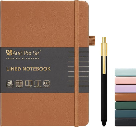 &And Per Se Lined Journal and Pen Set, A5 Leather Journal Stationery Set, 160 Pages 100GSM Thick Paper, Notebook Gift Set (Light Brown-Set1)