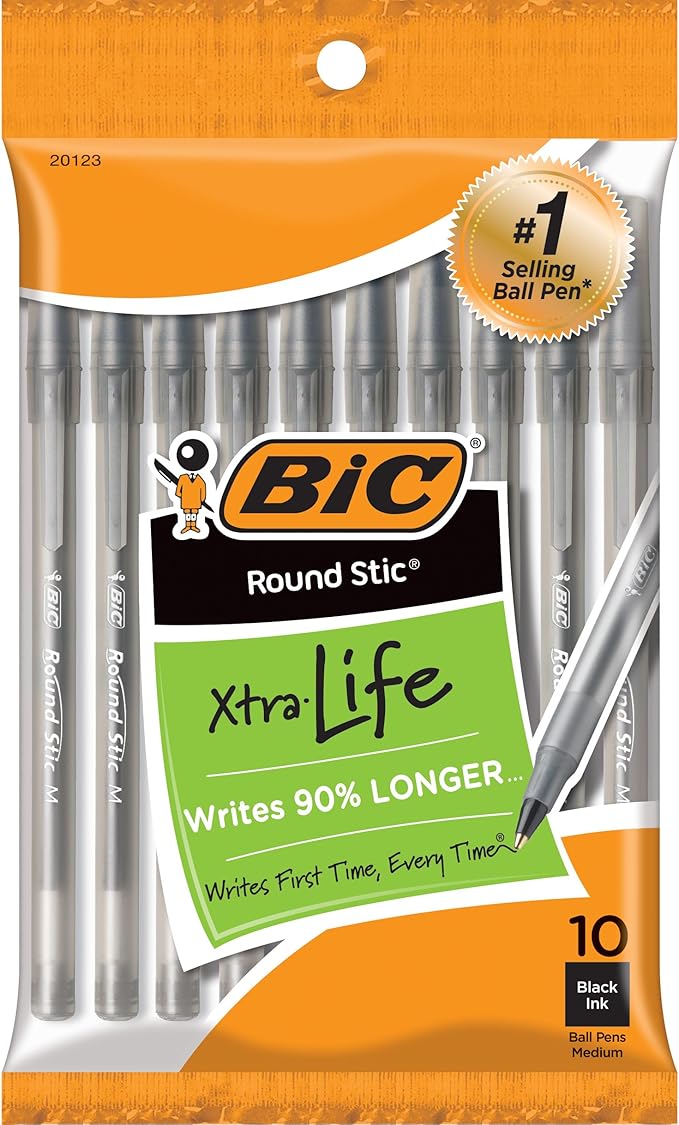 BIC Round Stic Xtra Life Black Ballpoint Pens, Medium Point (1.0mm), 10-Count Pack of Bulk Pens, Flexible Round Barrel for Writing Comfort, No. 1 Selling Ballpoint Pens