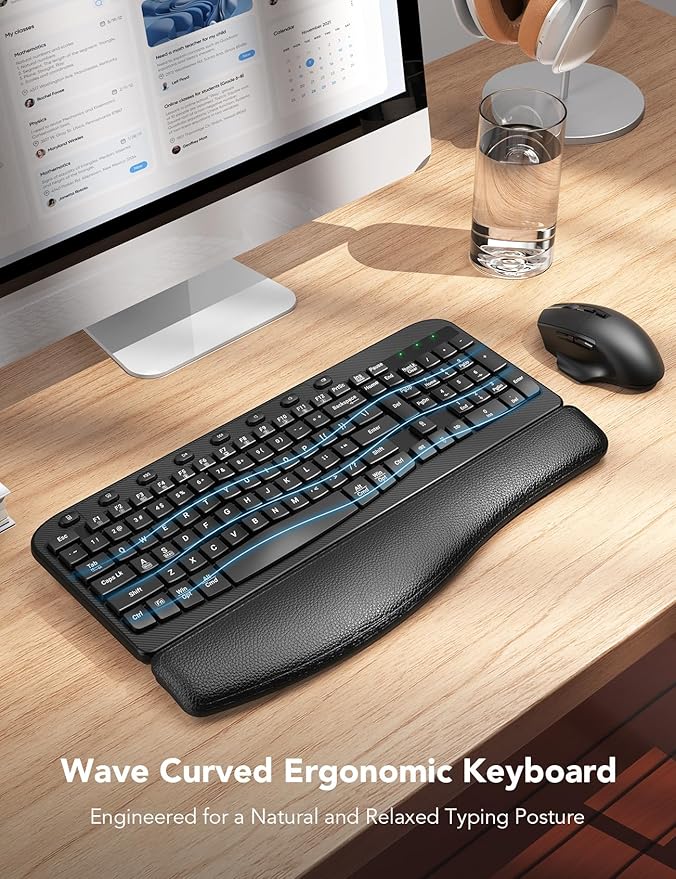 Wireless Keyboard and Mouse Combo – Ergonomic Wave Key, Built-in Leather Soft Palm Rest, 2.4G Full Size, 8 Hotkeys, 6-Button Mouse with 4-Level DPI, Dual USB-A/USB-C, Windows & macOS Compatible