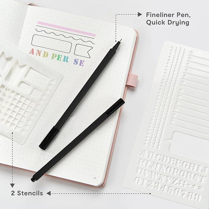 &And Per Se Dotted Journal Notebook Set (3 Packs), A5 Hardcover Dotted Notebook, 176 Numbered Pages Bullet Journaling Kit, 2 Stencil Sheets and 1 Fineliner Pen Included - 5.7'' x 8'' (Green)