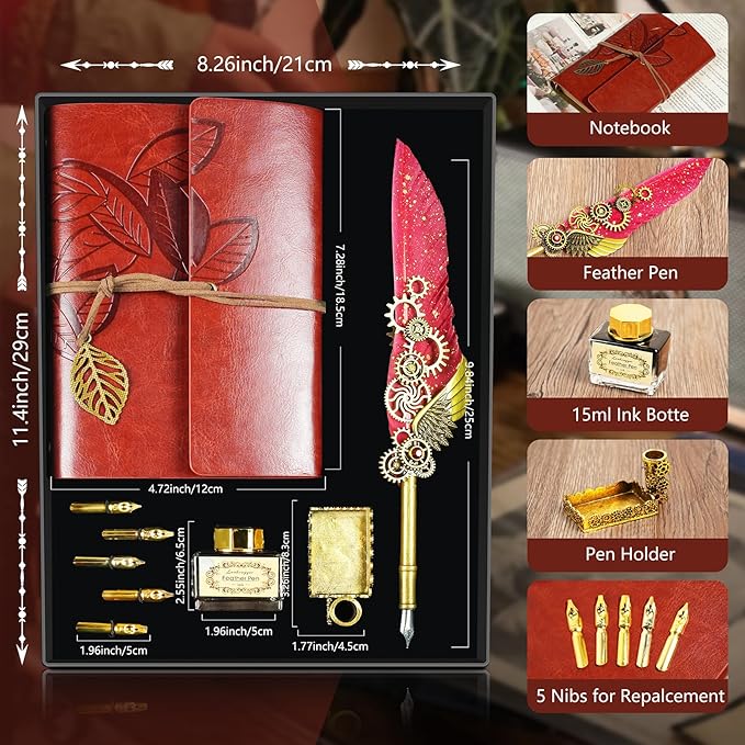 Feather Quill Pen and Ink Set,Antique Calligraphy Set with Leather Journal Notebook,Feather Pen,5 Gold Nibs,Pen Holder,Ink,Calligraphy Kits for Beginners Christmas Gift