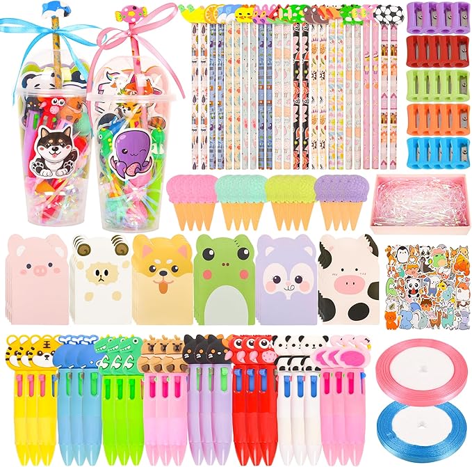 LiYiQ 247 Pcs Return Gifts for Birthday, Student Birthdays Gifts from Teacher, Stationery Set for Classroom Gifts, Pencil Erasers Notesbook Stickers for Classroom Birthday Goodie Bags Rewards Prizes