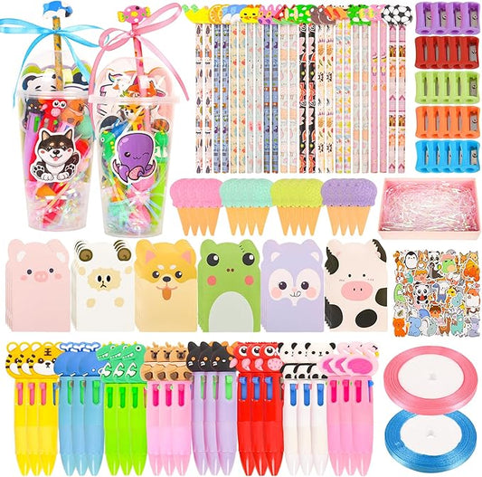 LiYiQ 247 Pcs Return Gifts for Birthday, Student Birthdays Gifts from Teacher, Stationery Set for Classroom Gifts, Pencil Erasers Notesbook Stickers for Classroom Birthday Goodie Bags Rewards Prizes