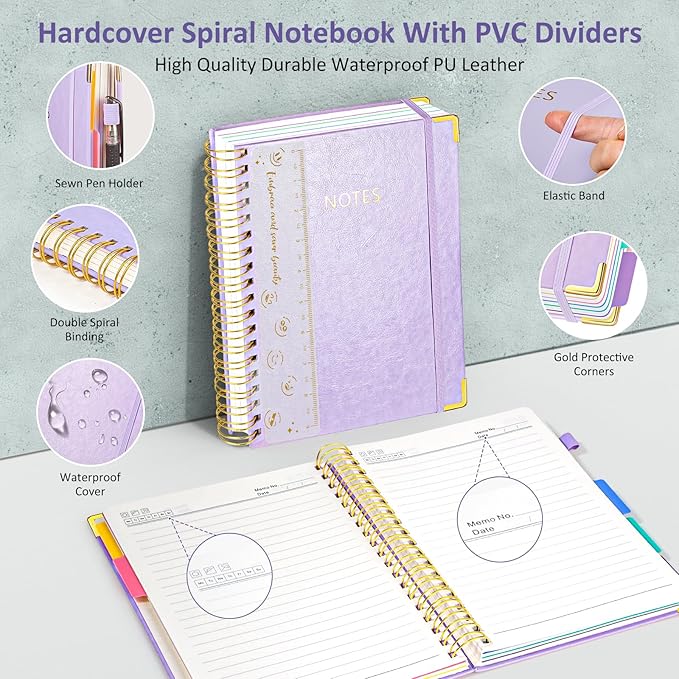 Hardcover Spiral Notebook Journal, 8"x10" Large B5 Notebooks with Removable Dividers Tabs, 300 Pages Leather 5 Subject Notebook College Ruled, Journal for Work School Note, 100 GSM Thick Paper,Purple.
