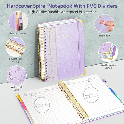 Hardcover Spiral Notebook Journal, 8"x10" Large B5 Notebooks with Removable Dividers Tabs, 300 Pages Leather 5 Subject Notebook College Ruled, Journal for Work School Note, 100 GSM Thick Paper,Purple.