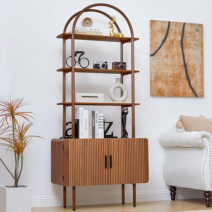 71" Tall Fluted Arched Bookshelf with Doors, Mid Century Modern Metal Bookcase Cabinet with Storage, 4-Tier Industrial Organizer Rack Storage Shelves for Home Office, Living Room (Walnut)