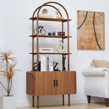 71" Tall Fluted Arched Bookshelf with Doors, Mid Century Modern Metal Bookcase Cabinet with Storage, 4-Tier Industrial Organizer Rack Storage Shelves for Home Office, Living Room (Walnut)