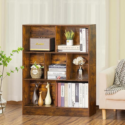 LEYAOYAO 7 Cube Bookshelf with Base,3 Tier Mid-Century Modern Brown Bookcase,Standing Wide Bookshelves Storage Organizer Shelf,Rustic Wood Display Cabinet Book Shelves for Bedroom,Living Room,Office