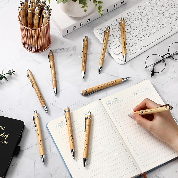 30 Pcs Inspirational Bamboo Pens Flower Ballpoint Pens Bulk with Black Ink Employee Appreciation Thank You Gift for Women Men Coworker Staff Christmas School Office Party Favors Supplies