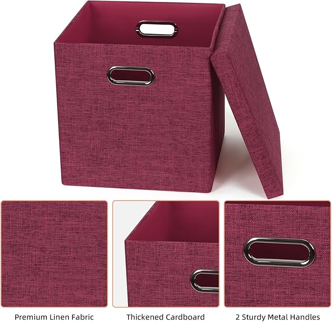 Storage Bins with Lids, Collapsible Linen Fabric Boxes Organizer Containers with Lid Foldable Storage Box Basket for Closet, Shelves, Home, Office, 11 x 11 x 11.4 Inch, 4 Pack, Red