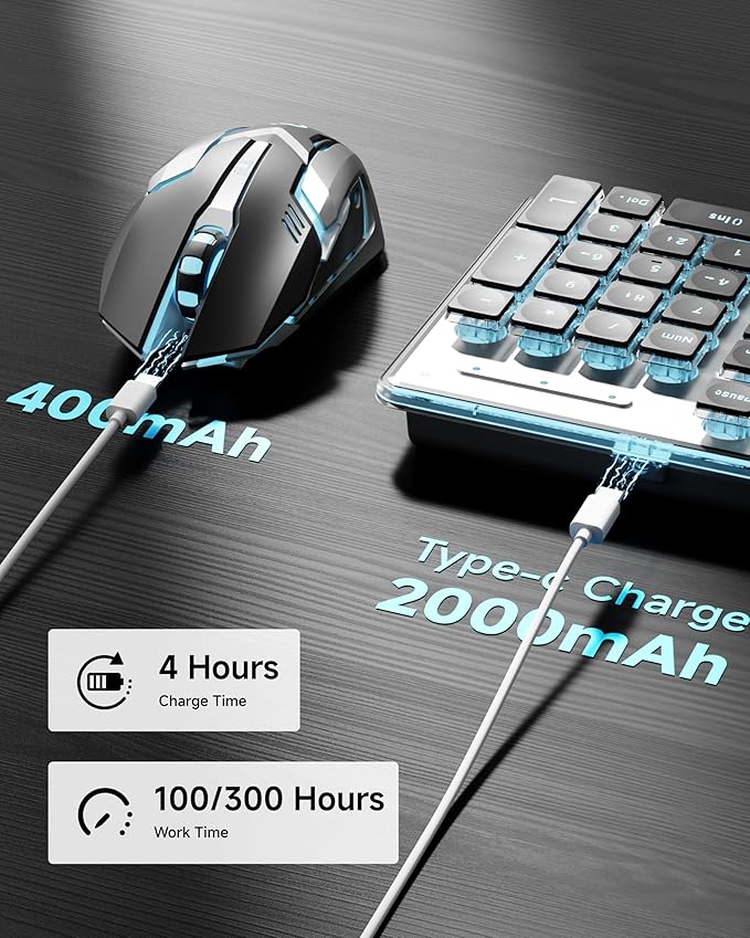 EWEADN V3 Wireless Keyboard and Mouse with Blue Backlit, Metal Panel, Bluetooth/2.4G Rechargeable Computer Keyboard and Mouse Combo Silent Lighted Full Size Cordless Keyboards-Black