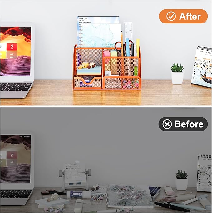 EasyPAG Mesh Desk Organizer with Drawer Multi-Functional Pen Holder Stationery Organizer for Office School Supplies 6 Compartments Dorm Organizers and Storage for Desk, Orange