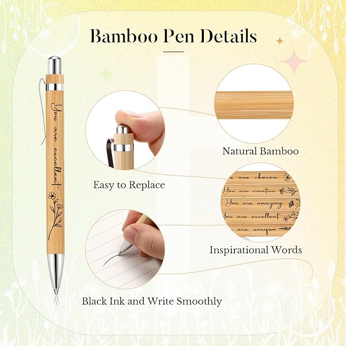 30 Pcs Inspirational Bamboo Pens Flower Ballpoint Pens Bulk with Black Ink Employee Appreciation Thank You Gift for Women Men Coworker Staff Christmas School Office Party Favors Supplies