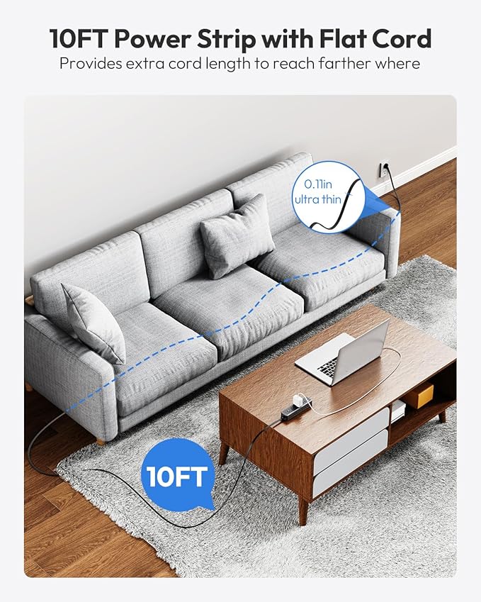 Surge Protector Power Strip,9 Widely Outlets and 3 USB Ports (1 USB-C), 1080 Joules, 10 FT Flat Extension Cord with Multiple Outlets, Wall Mount, Flat Plug, for Home Office, Dorm Essentials, White