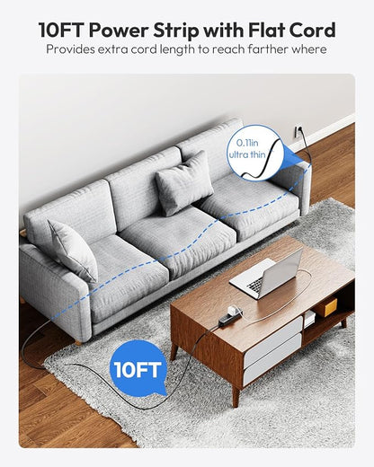 Surge Protector Power Strip,9 Widely Outlets and 3 USB Ports (1 USB-C), 1080 Joules, 10 FT Flat Extension Cord with Multiple Outlets, Wall Mount, Flat Plug, for Home Office, Dorm Essentials, White