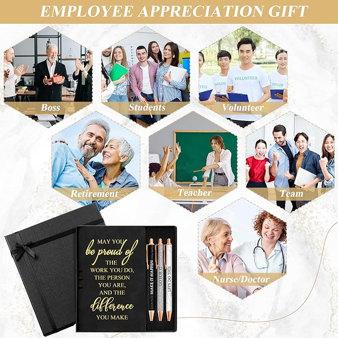 5 Pcs Employee Appreciation Gift Christmas Leather Journal Notebook 3 Ballpoint Pens with Box Thank You for Nurse Medical Assistant Coworker Teacher Social Worker Vet Tech Volunteer(Black)