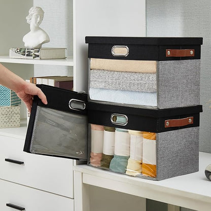 Fabric Clear Window Storage Bins with Lid, Closet Storage Box Linen Closet Baskets with 3 Handles for Organizing Clothing, Jeans, Shelves 15''- 3 Pack (Gray and Black)