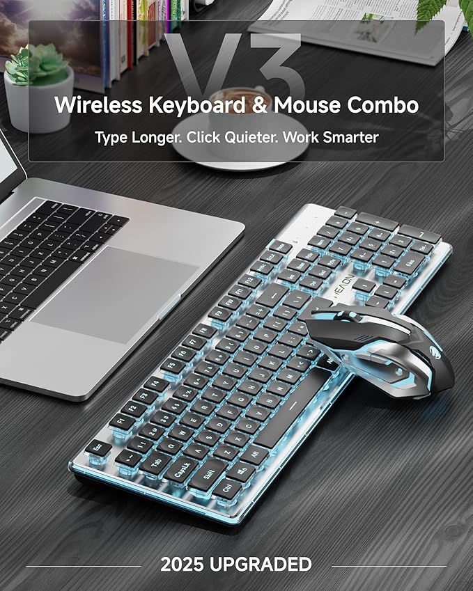 EWEADN V3 Wireless Keyboard and Mouse with Blue Backlit, Metal Panel, Bluetooth/2.4G Rechargeable Computer Keyboard and Mouse Combo Silent Lighted Full Size Cordless Keyboards-Black