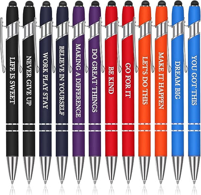Zonon 12 Pcs Inspirational Pens Bulk Funny Ballpoint Pen with Stylus Tip Motivational Gifts for Christmas Teacher Coworkers Nurse School Office Supplies(Rainbow Colors,Classic Style)