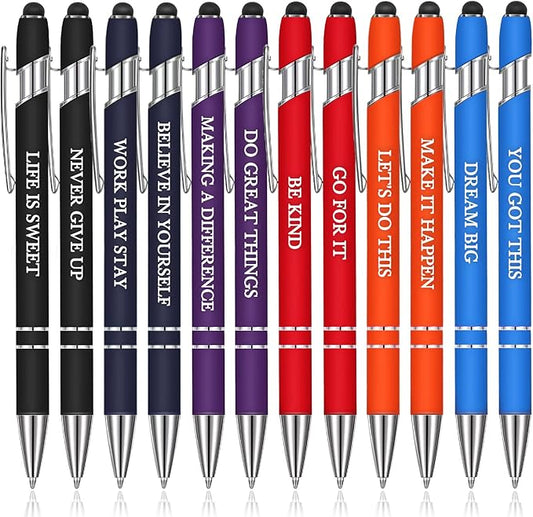 Zonon 12 Pcs Inspirational Pens Bulk Funny Ballpoint Pen with Stylus Tip Motivational Gifts for Christmas Teacher Coworkers Nurse School Office Supplies(Rainbow Colors,Classic Style)