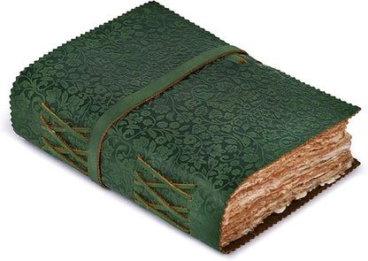 LEATHER VILLAGE Leather Bound Floral Embossed Journal for Women Men - 200 Pages, 6”X4”(A6), Green - Book of Shadows, Vintage Blank Paper Travel Diary, Notebook for Writing, Drawing, Sketchbook