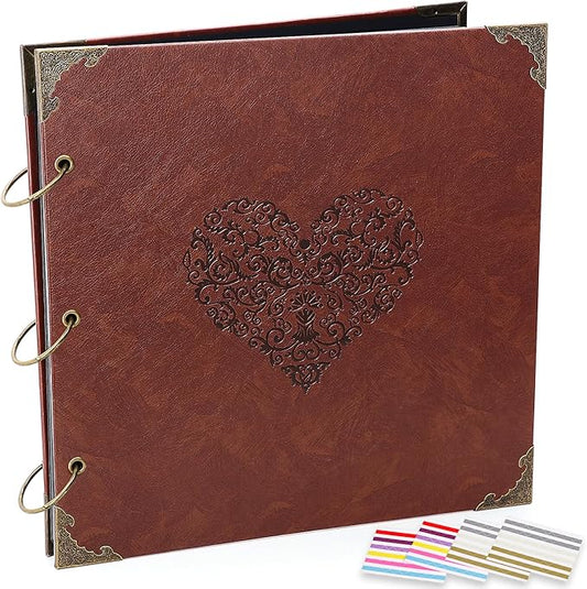 Photo Album Scrapbook, 12x12 inch 50 Pages Vintage Leather Cover Big Three-Ring Binder Love Picture Booth DIY Scrapbooking Albums with 408pcs Self Adhesive Photos Corners for Memory Keep, Heart
