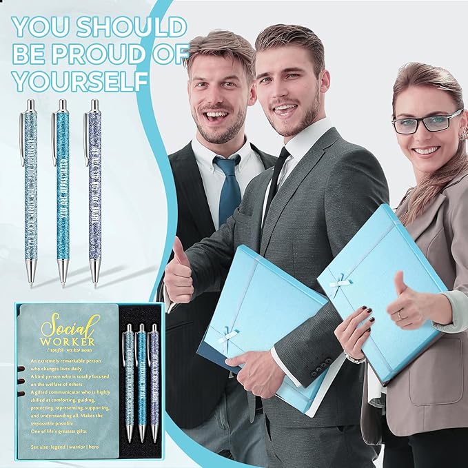 5 Pcs Employee Appreciation Gift Leather Journal Notebook 3 Ballpoint Pens with Box Thank You for Boss Emergency Nurses Medical Assistant Lady Coworker Social Worker Teacher(Blue)