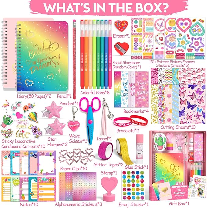 Axirata 2-Pack DIY Journal Kit for Girls, Journal Set for Tween & Teen Girl 6-8-14 Year Old, Scrapbook & Diary Supplies Toy Set, Art & Crafts Stationery Kit Birthday Christmas Ideal Gift for Girls
