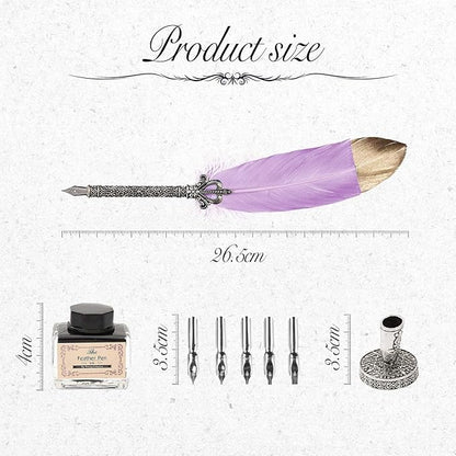 Quill Feather Pen and Ink Set,Calligraphy Set,Calligraphy Kits Include Antique Quill Feather Pen,6 Nibs,1 Bottles Inks,Pen Holder for Beginners Birthday Gift（Purple）