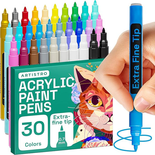 ARTISTRO 30 Acrylic Paint Pens, Art Set Acrylic Paint Markers, Fabric Markers for Textile, Canvas, Rock, Glass, Wood, Paper, DIY, for Kids and Adults, Extra Fine