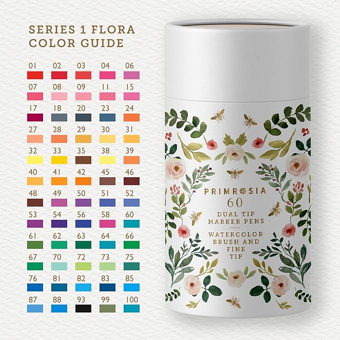 Primrosia 60 Dual Tip Marker Pens, Fineliner and Watercolor Brush Pens for Art Sketching Illustration Calligraphy Permanent Highlighter Bullet Journal Drawing Coloring