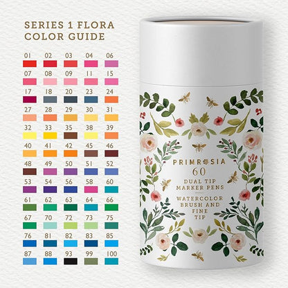 Primrosia 60 Dual Tip Marker Pens, Fineliner and Watercolor Brush Pens for Art Sketching Illustration Calligraphy Permanent Highlighter Bullet Journal Drawing Coloring