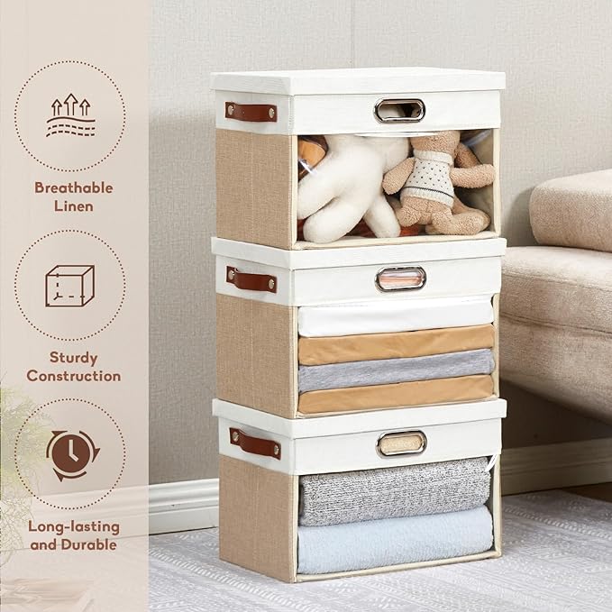 Fabric Clear Window Storage Bins with Lid, Closet Storage Box Linen Closet Baskets with 3 Handles for Organizing Clothing, Jeans, Shelves 15''- 3 Pack (Beige and White)