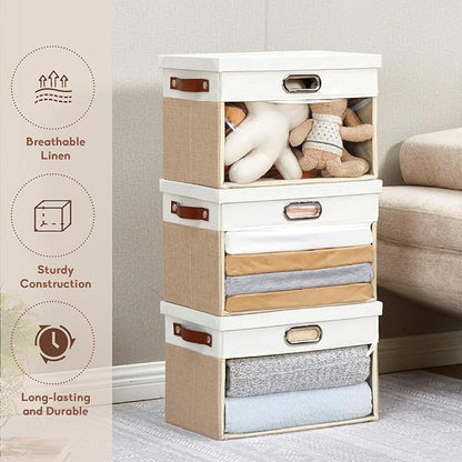 Fabric Clear Window Storage Bins with Lid, Closet Storage Box Linen Closet Baskets with 3 Handles for Organizing Clothing, Jeans, Shelves 15''- 3 Pack (Beige and White)