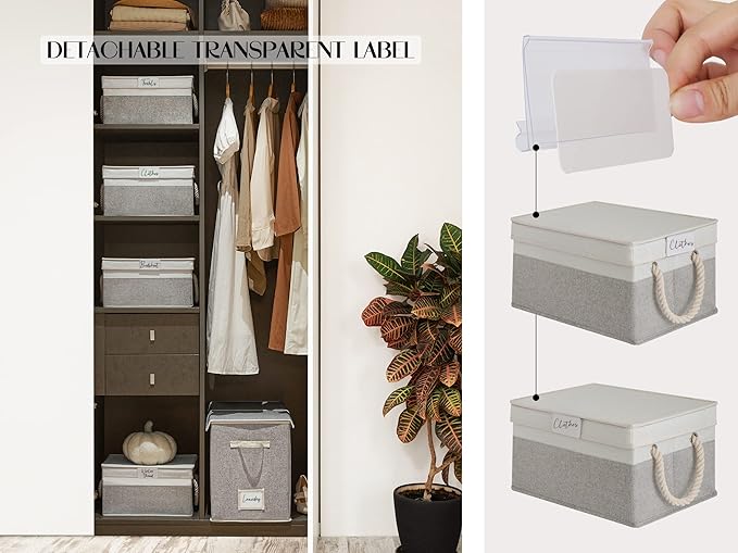 LoforHoney Home Fabric Storage Bins with Lids for Organizing, Foldable Closet Storage Boxes for Shelves, Clothes Baskets with Cotton Rope Handles, Large, Beige & Gray, 4-Pack