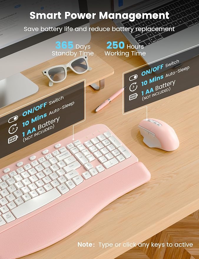 SABLUTE Wireless Keyboard and Mouse Combo, Ergonomic Wave Keys, Cushioned Plam Rest, Comfortable Silent Natural Typing, 2.4G Lag-Free, Full Size Keyboards Cordless Set for Multi-OS, Windows/Mac, Pink