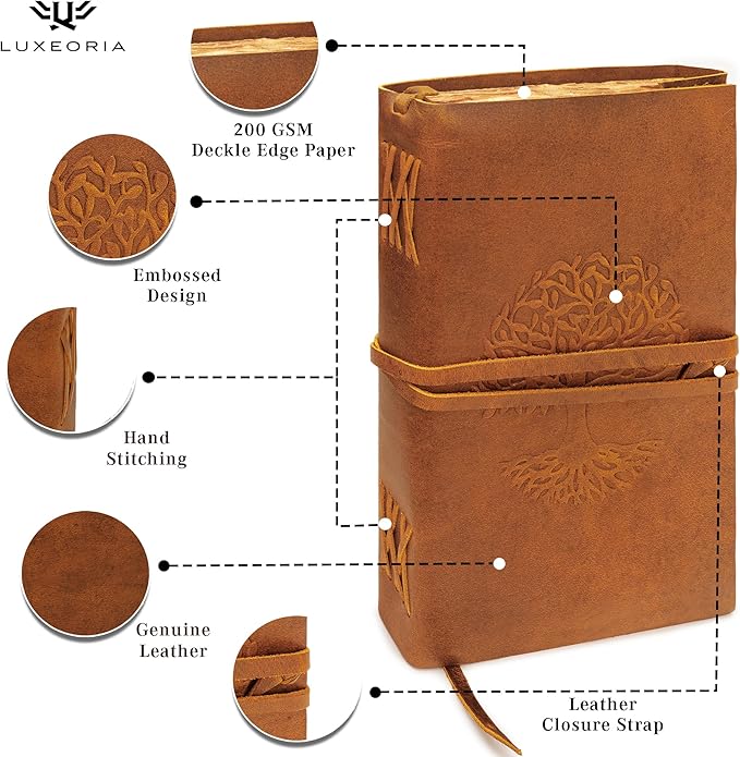 LUXEORIA Tree Of Life Leather Journal for Women and Men, Handcrafted Leather Journal for Writing Womens, Sketchbook, Travel Diary with Unlined Deckle Paper, Tan 8x13