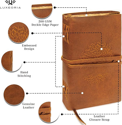 LUXEORIA Tree Of Life Leather Journal for Women and Men, Handcrafted Leather Journal for Writing Womens, Sketchbook, Travel Diary with Unlined Deckle Paper, Tan 8x13