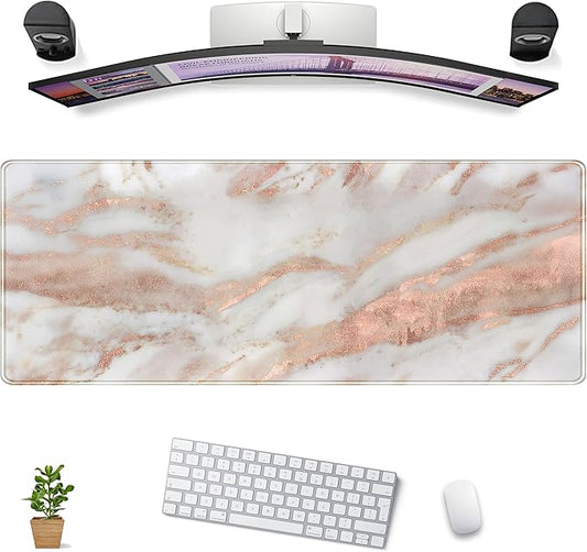 Cute Desk Mat Rose Gold Marble Mouse Pad Gaming XL Large Extended Desk Matt for Desktop Aesthetic Desk Pad, Laptop Keyboard Mouse Mat for Women Office Desk Decor Accessories Deskmat 31.5x11.8 in