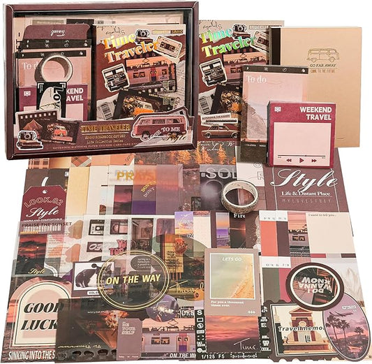 Travel Scrapbooking Supplies Kit, Holiday Aesthetic Vintage Scrapbook Kit for Bullet Junk Journal A6 Grid Notebook Stationary Journaling Supplies DIY Craft Birthday Gifts for Women Kid Teen Girl