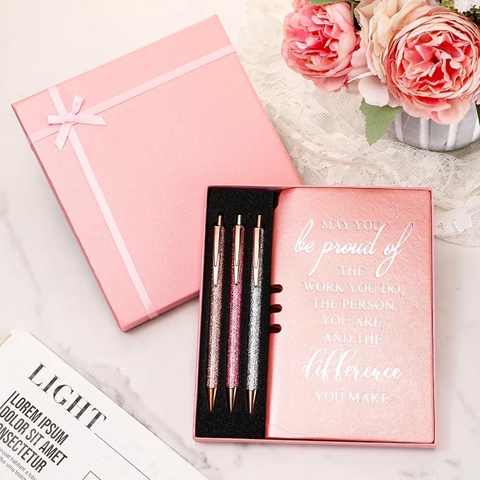 5 Pcs Employee Appreciation Gift Christmas Leather Journal Notebook 3 Ballpoint Pens with Box Thank You for Women Nurse Medical Assistant Coworker Teacher Social Worker Volunteer(Rose Gold)