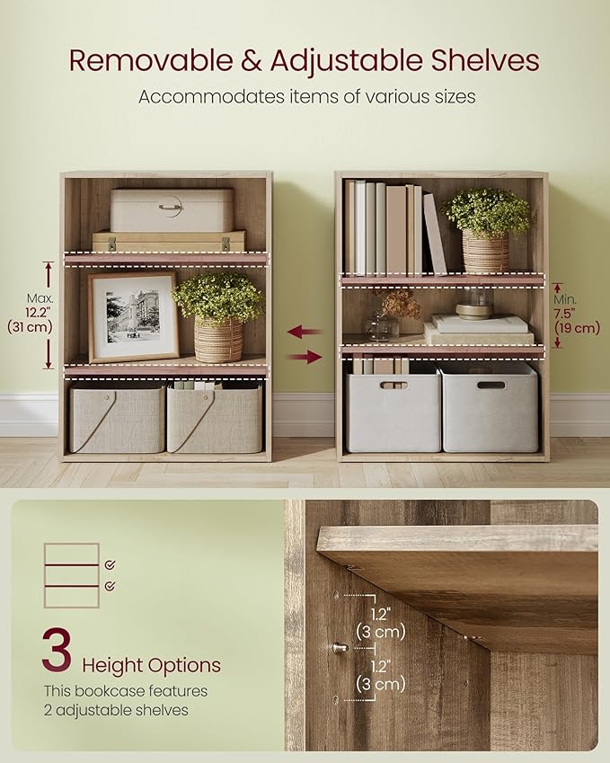 VASAGLE Custos Collection - Bookshelf, 3-Tier Bookcase, Book Shelf, Open Storage Shelf, 9.4 x 23.6 x 32 Inches, for Living Room, Home Office, Dinning Room, Camel Brown ULBC163L01