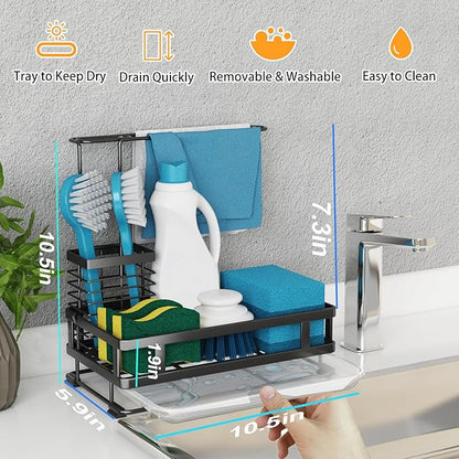 Godboat X-Large Capacity Kitchen Sink Organizer with Brush Rack, 304 Stainless Steel, Sponge Holder for Kitchen Sink, Sink Caddy with Drain-Pan, Cool Kitchen Gadgets & Gifts for Women, Christmas
